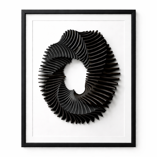 Framed black and white abstract art piece on a white background