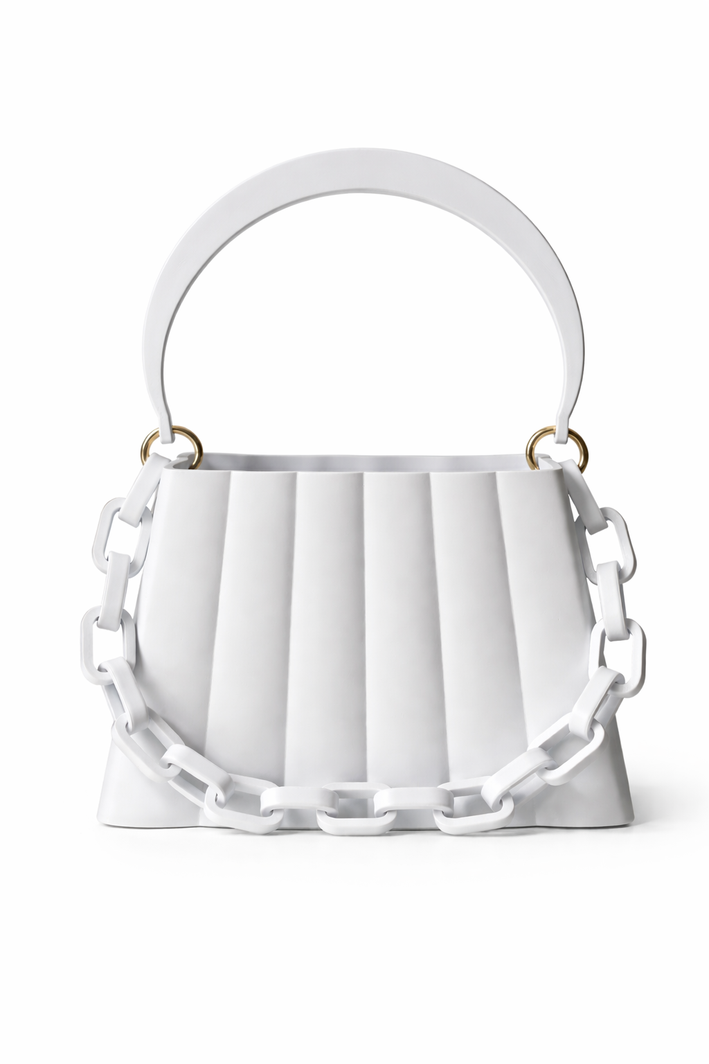 White handbag with decorative chain details on a white background