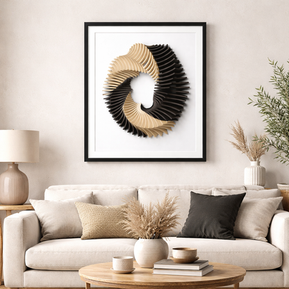 Living room with a white sofa, decorative pillows, a coffee table, and a modern wall art piece.