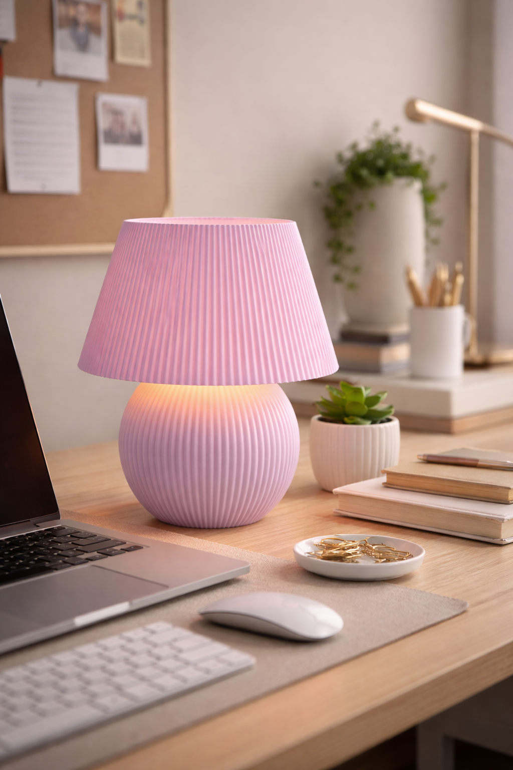 Pink table lamp on a desk with a laptop, mouse, and books in a home office setting.
