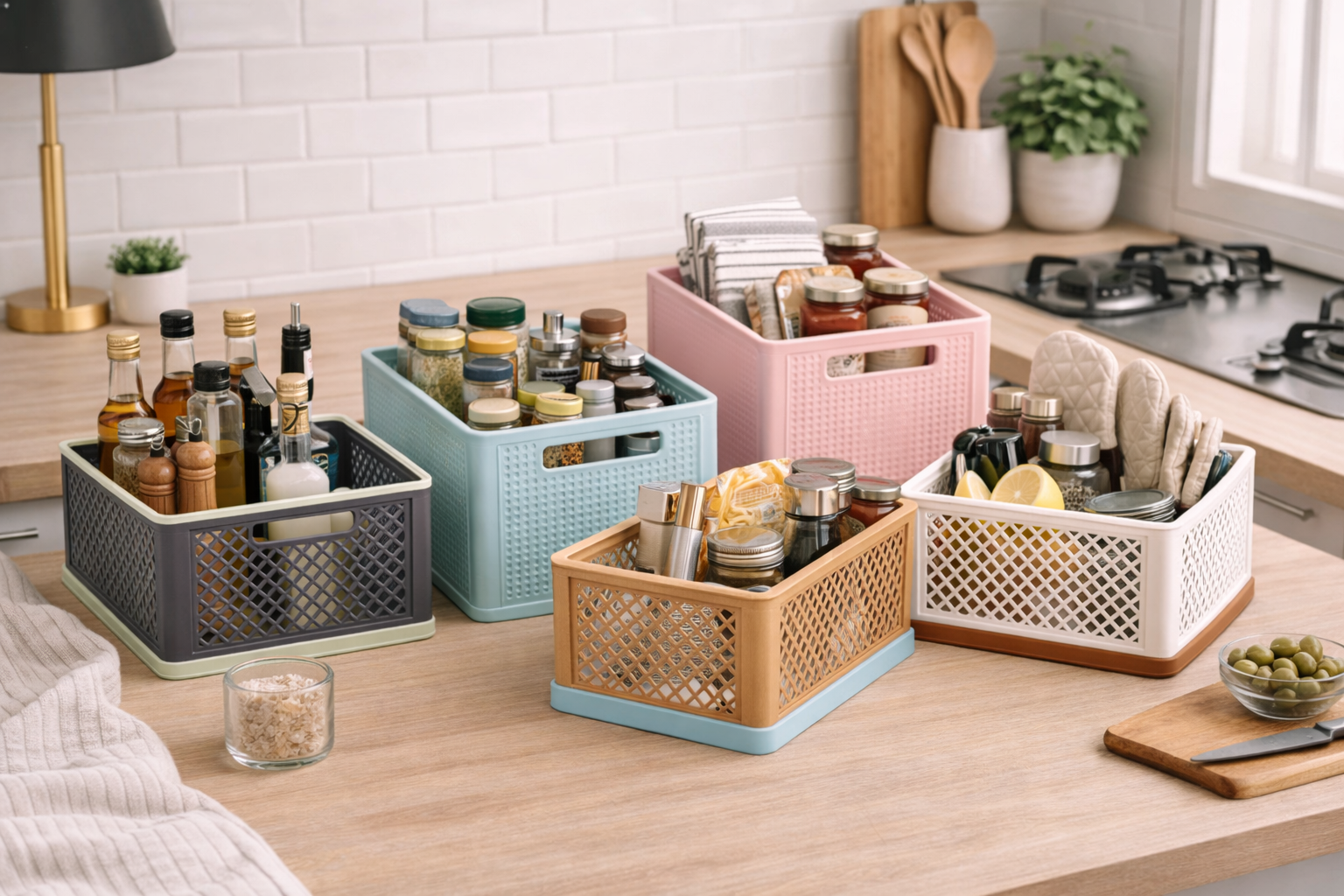 Colorful storage baskets on a kitchen counter with various items.