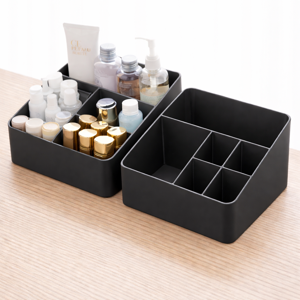 Black cosmetic organizer with various products on a wooden surface