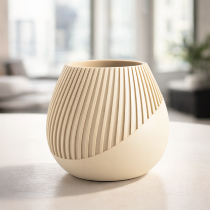 Beige ceramic vase with ribbed texture on a light surface with a blurred background