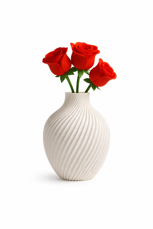 White ribbed vase with red roses on a white background