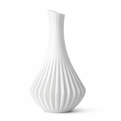 White ceramic vase with ribbed texture on a white background