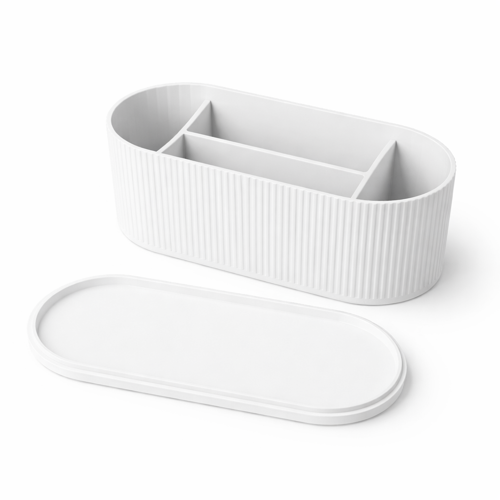 White ribbed desk organizer with a smaller white tray on a white background