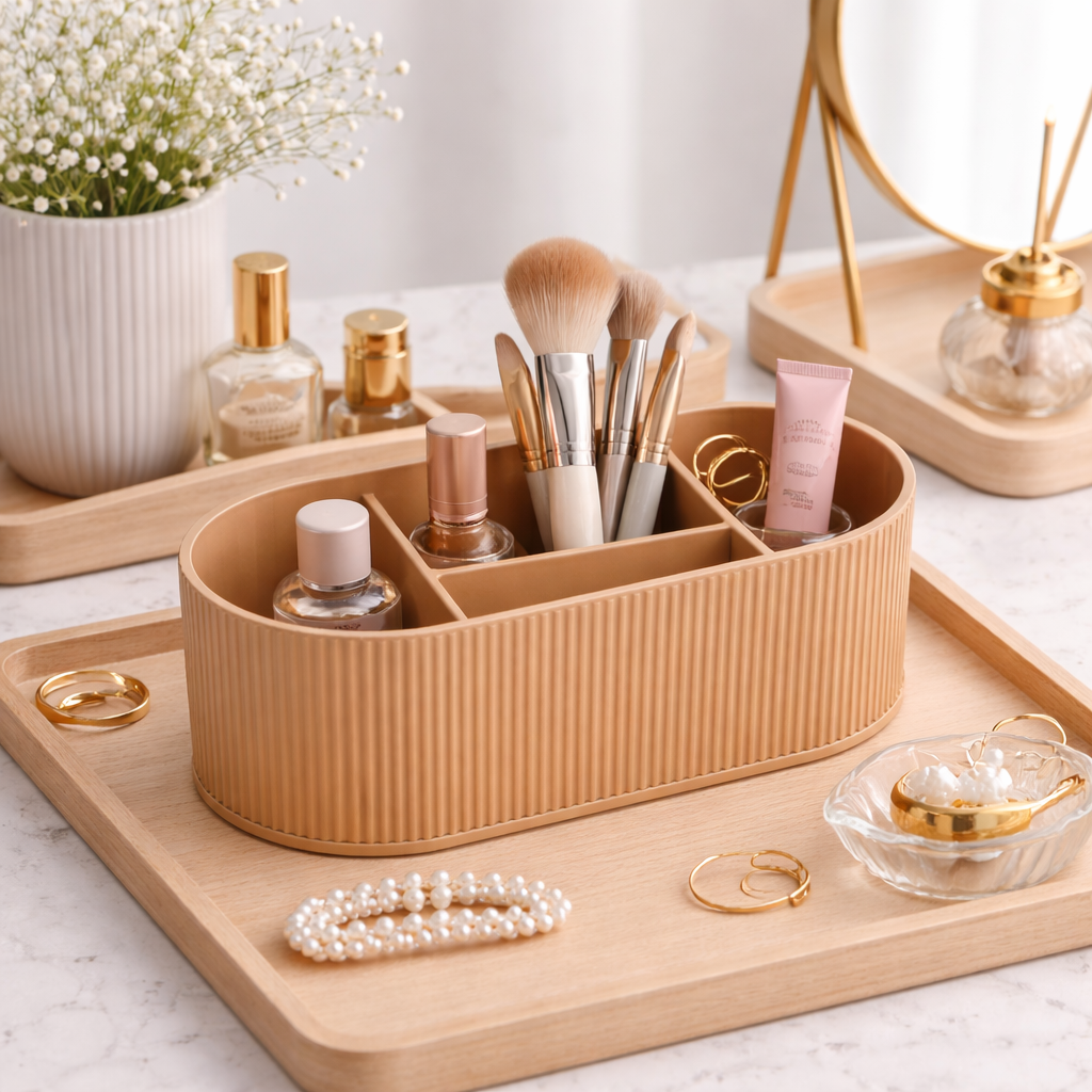 Cosmetic organizer with makeup brushes, bottles, and jewelry on a wooden tray.