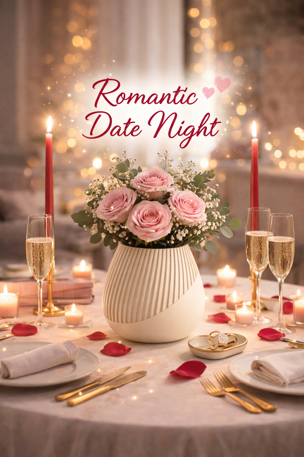 Romantic dinner setup with flowers, candles, and glasses on a table.