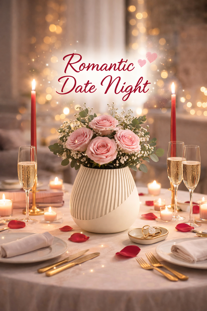 Romantic dinner setup with flowers, candles, and glasses on a table.