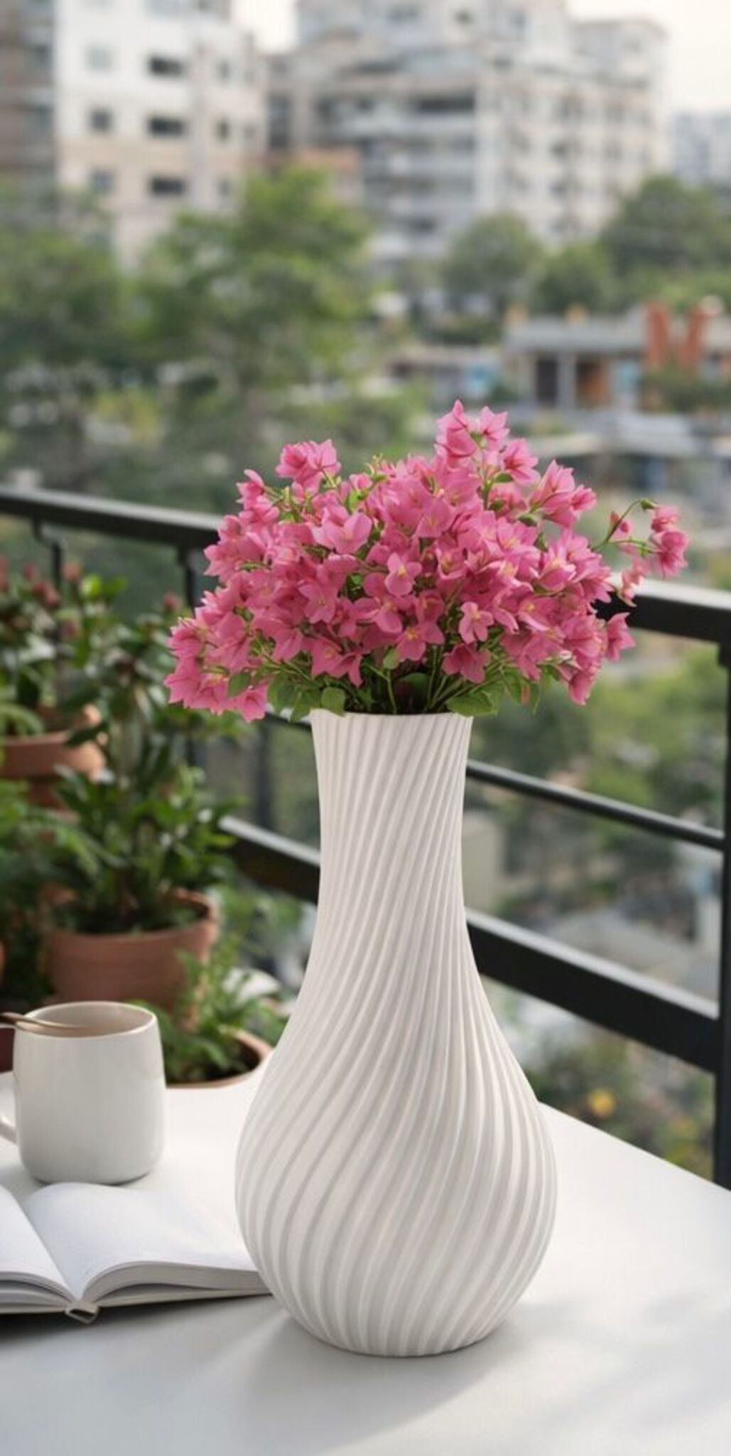 Modern spiral decorative flower vase in white with textured ribbed design, ideal for living room, office desk, table décor and contemporary home styling