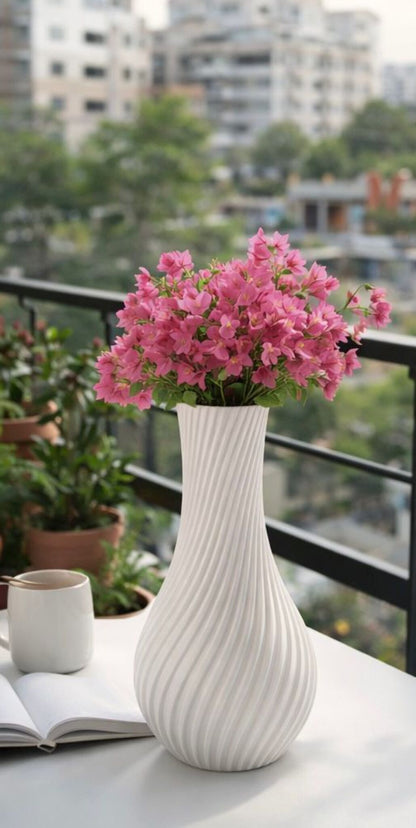 Modern spiral decorative flower vase in white with textured ribbed design, ideal for living room, office desk, table décor and contemporary home styling