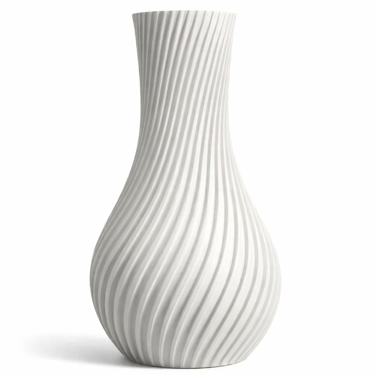 Modern spiral decorative flower vase in white with textured ribbed design, ideal for living room, office desk, table décor and contemporary home styling