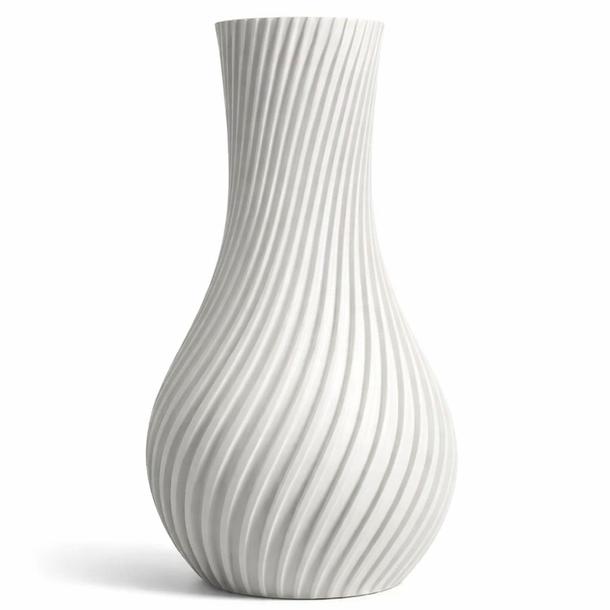 Modern spiral decorative flower vase in white with textured ribbed design, ideal for living room, office desk, table décor and contemporary home styling