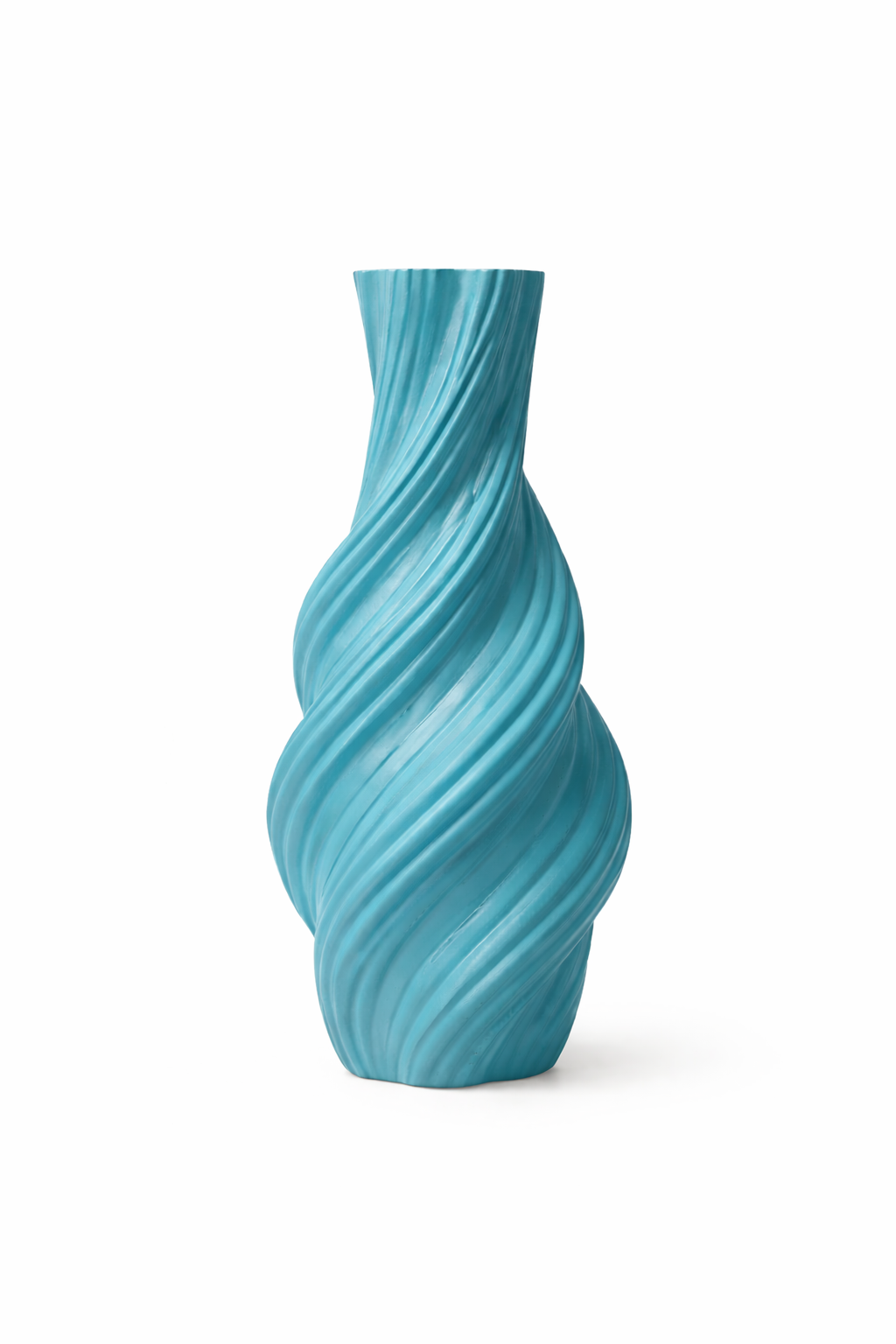 Turquoise vase with wavy design on a white background