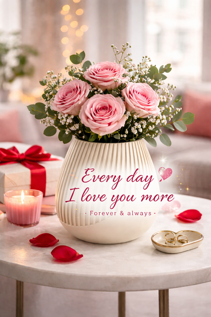 Bouquet of pink roses in a vase on a table with candles and a gift, featuring the text 'Every day I love you more. Forever & always.