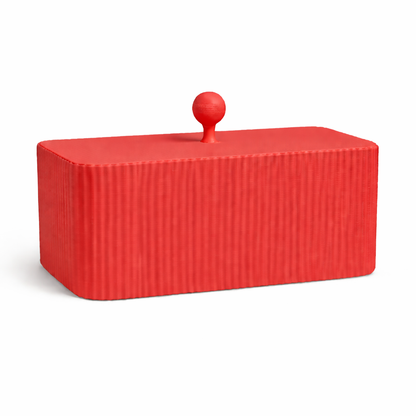 Red textured box with a spherical handle on a white background