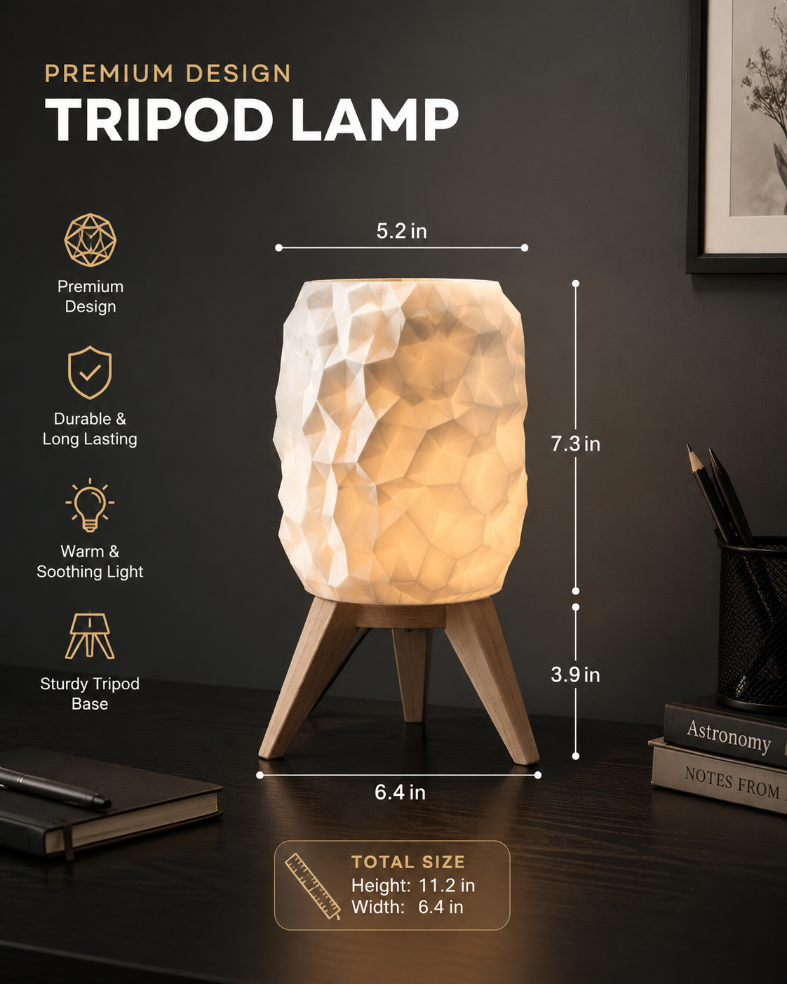 Modern tripod lamp with designer geometric shade, ideal for bedside table, work desk, and study room lighting