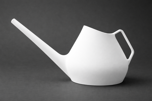 White ceramic watering can on a dark gray background