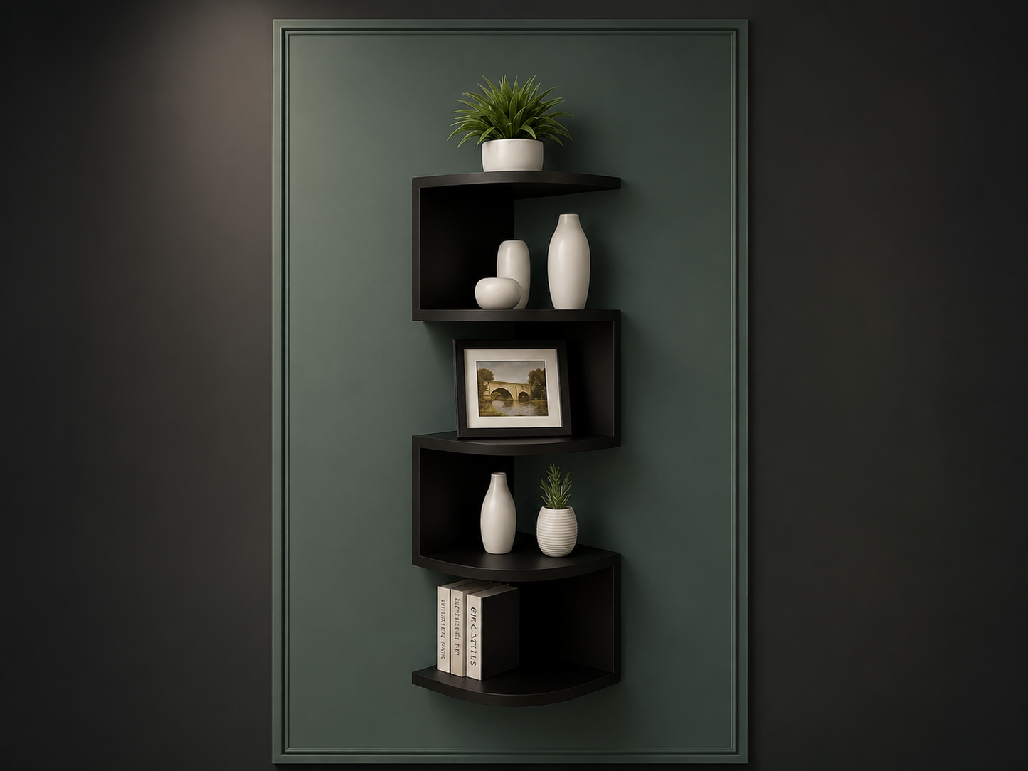 Modern white corner wall shelf with curved shelves on a premium coloured wall
