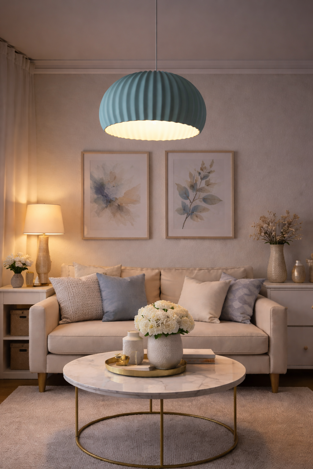 Living room with beige sofa, marble coffee table, and decorative elements.
