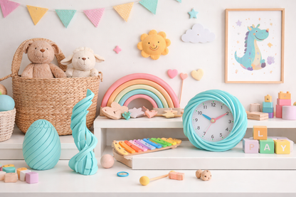 Children's room with toys, a clock, and decorative elements on a shelf.