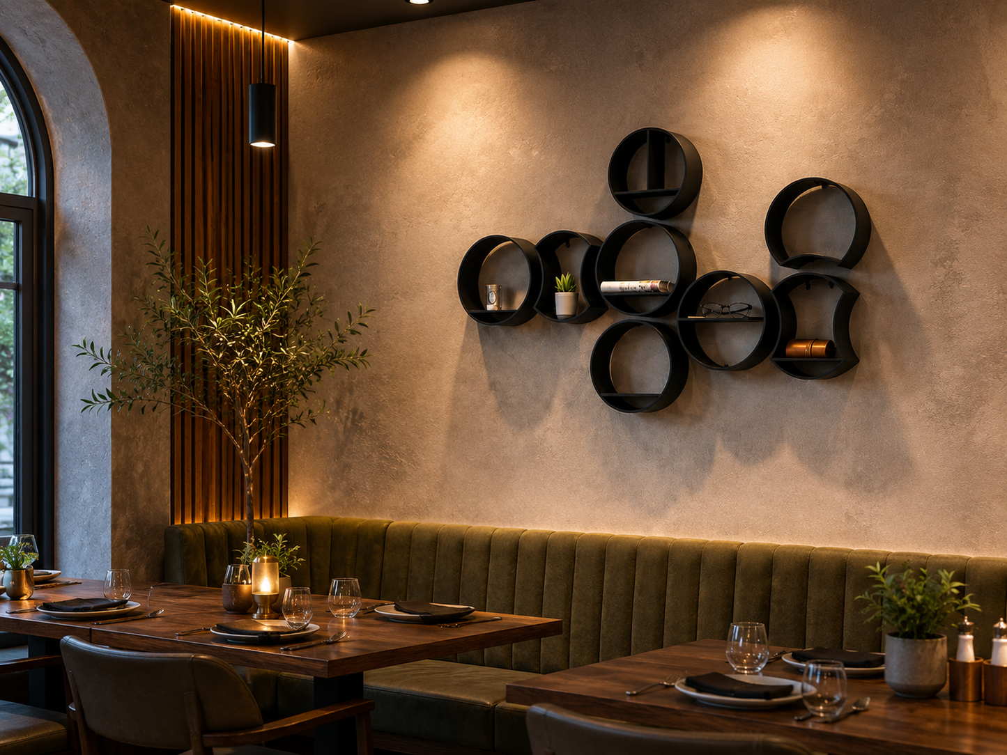 Modular statement wall shelf set styled for cafe, restaurant and premium interior decor