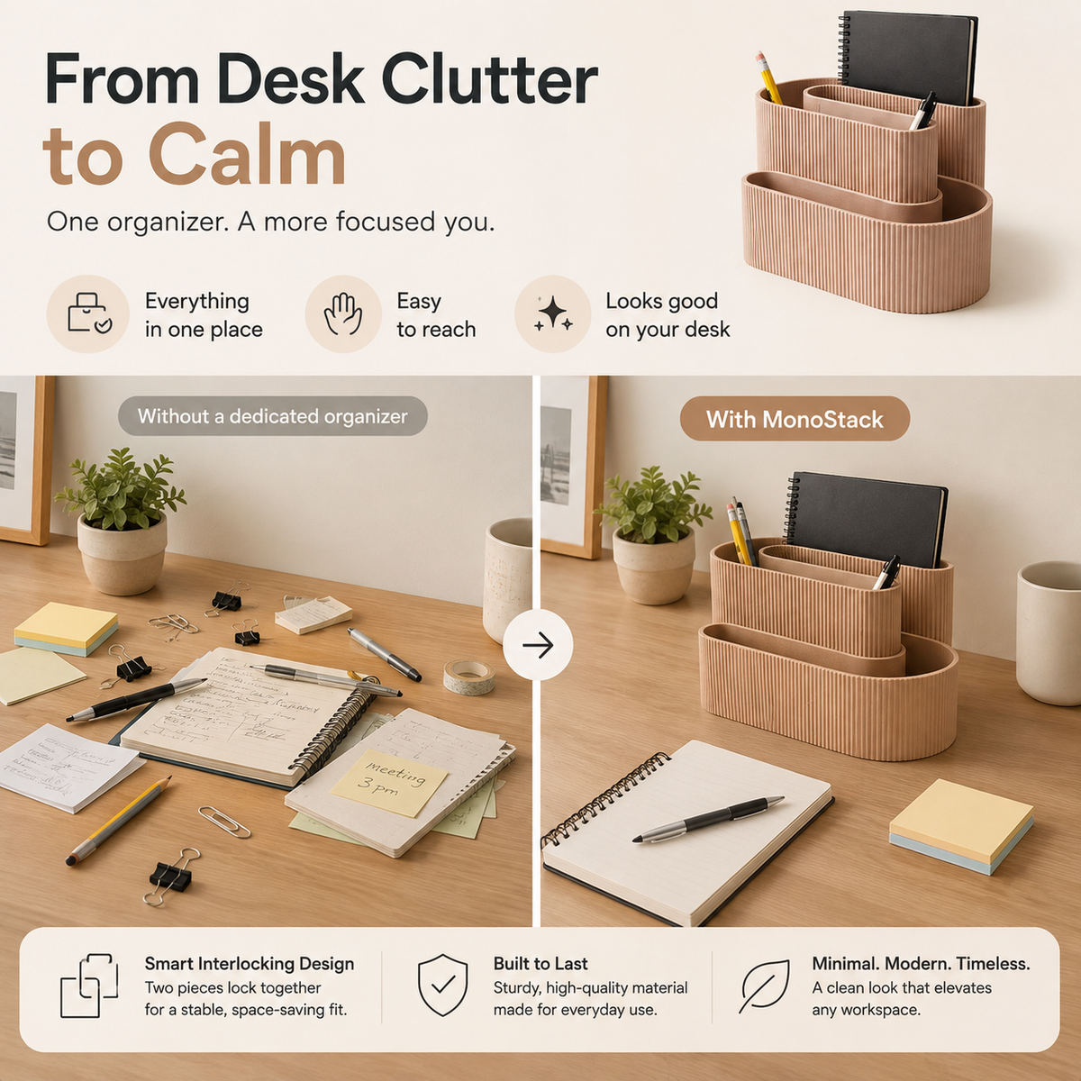 A promotional graphic for the MonoStack desk organizer, showing the product in a clean studio-style top view and in a styled desk scene. The organizer is a three-tier, interlocking cubby system in a warm light wood tone, holding notebooks, pens, and a phone.