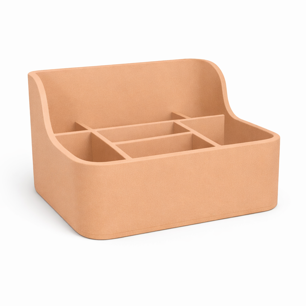 Beige desk organizer with multiple compartments on a white background