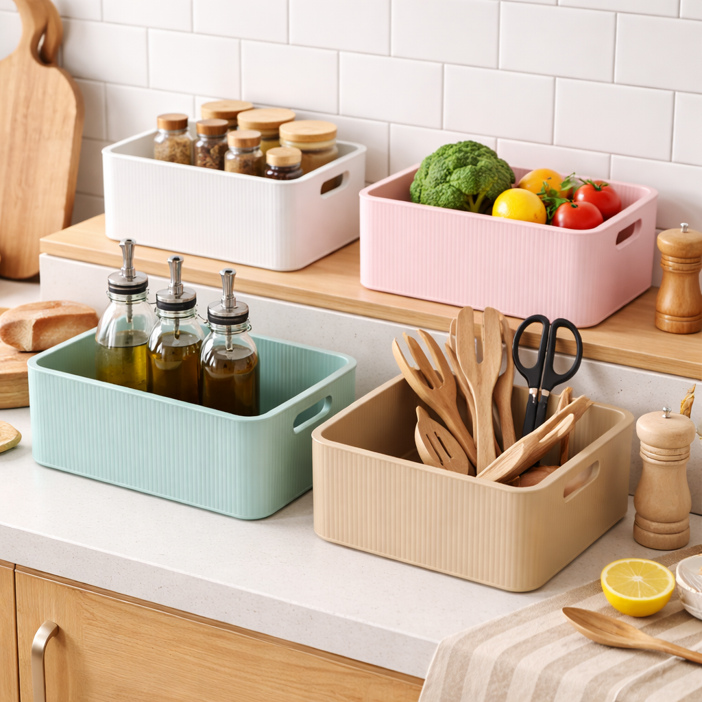 Kitchen counter with storage bins containing kitchen items like bottles, scissors, and utensils.