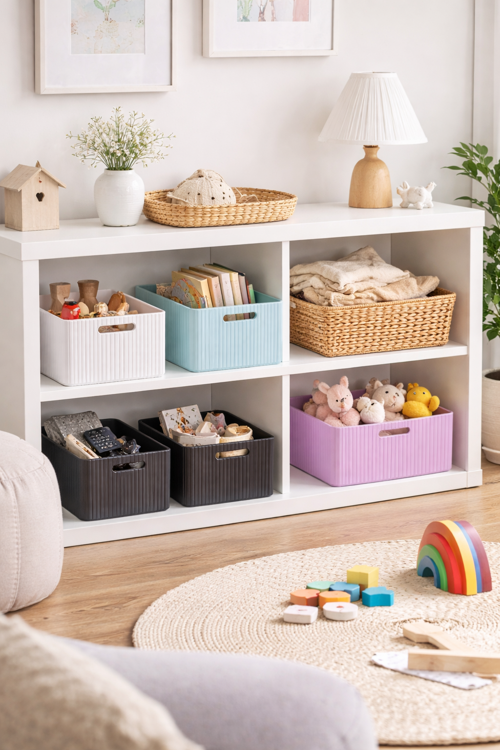 White storage console with colorful baskets containing toys and items in a room setting.