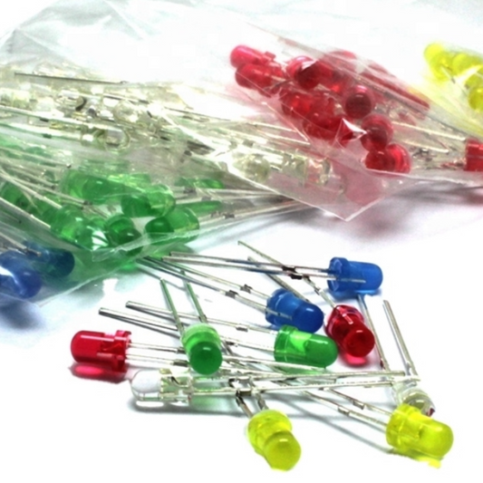 Assorted colored LED bulbs on a white background