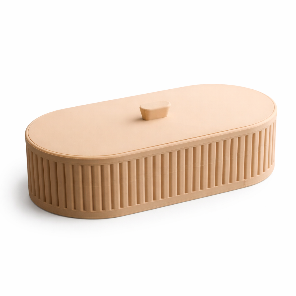 Beige oval container with a textured surface on a white background