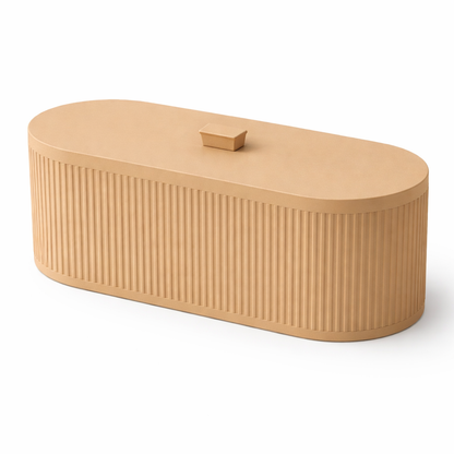 Beige oval container with a lid on a white background