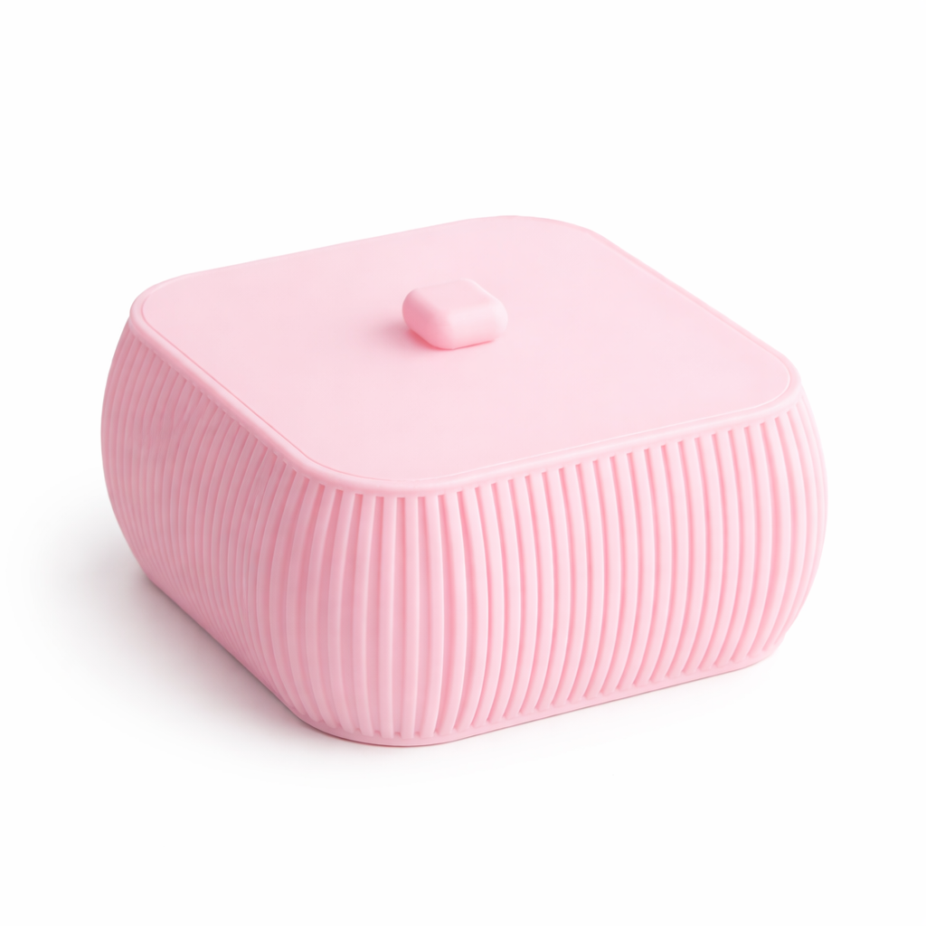 Pink ribbed container with a lid on a white background
