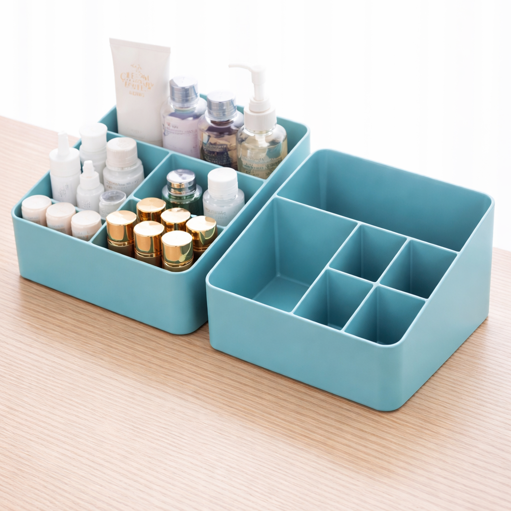 Blue cosmetic organizer with various bottles on a wooden surface