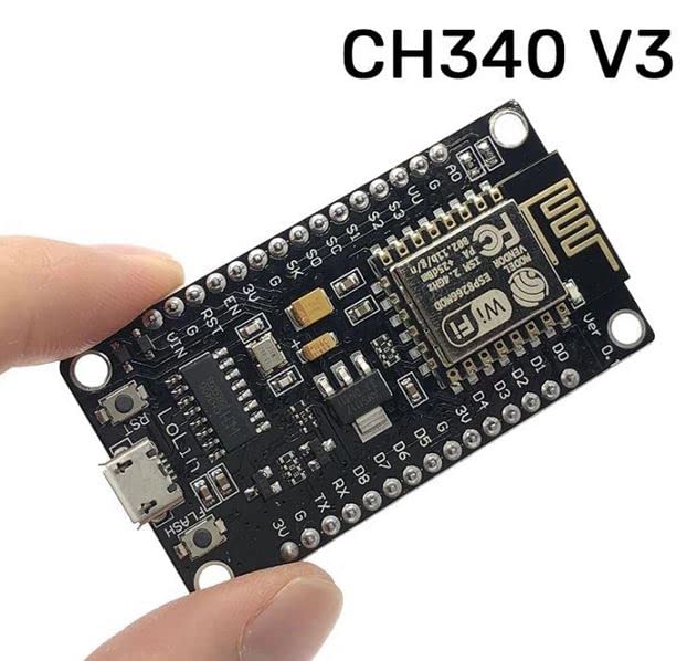 Electronic component labeled CH340 V3 held by a hand on a white background