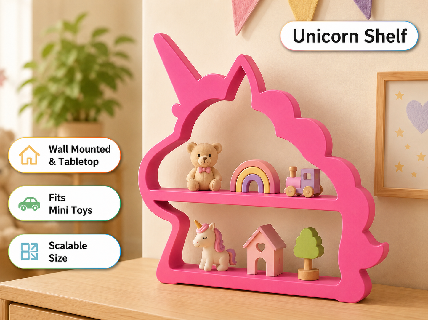 Pink unicorn-shaped wooden shelf with two tiers, styled with mini toys in a warm, child-friendly room. The image includes text overlays describing features like 'Wall Mounted & Tabletop', 'Fits Mini Toys', and 'Scalable Size'.