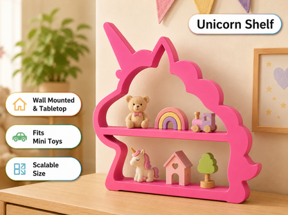 Pink unicorn-shaped wooden shelf with two tiers, styled with mini toys in a warm, child-friendly room. The image includes text overlays describing features like 'Wall Mounted & Tabletop', 'Fits Mini Toys', and 'Scalable Size'.