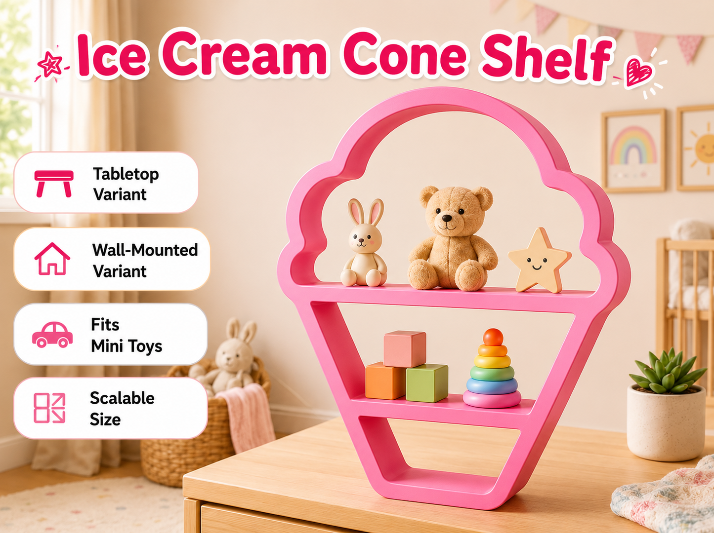 Pink ice cream cone-shaped tabletop toy shelf with two tiers, shown holding small stuffed animals and wooden blocks in a nursery-like room. Text on the left lists variants and features, and the top reads 'Ice Cream Cone Shelf'.