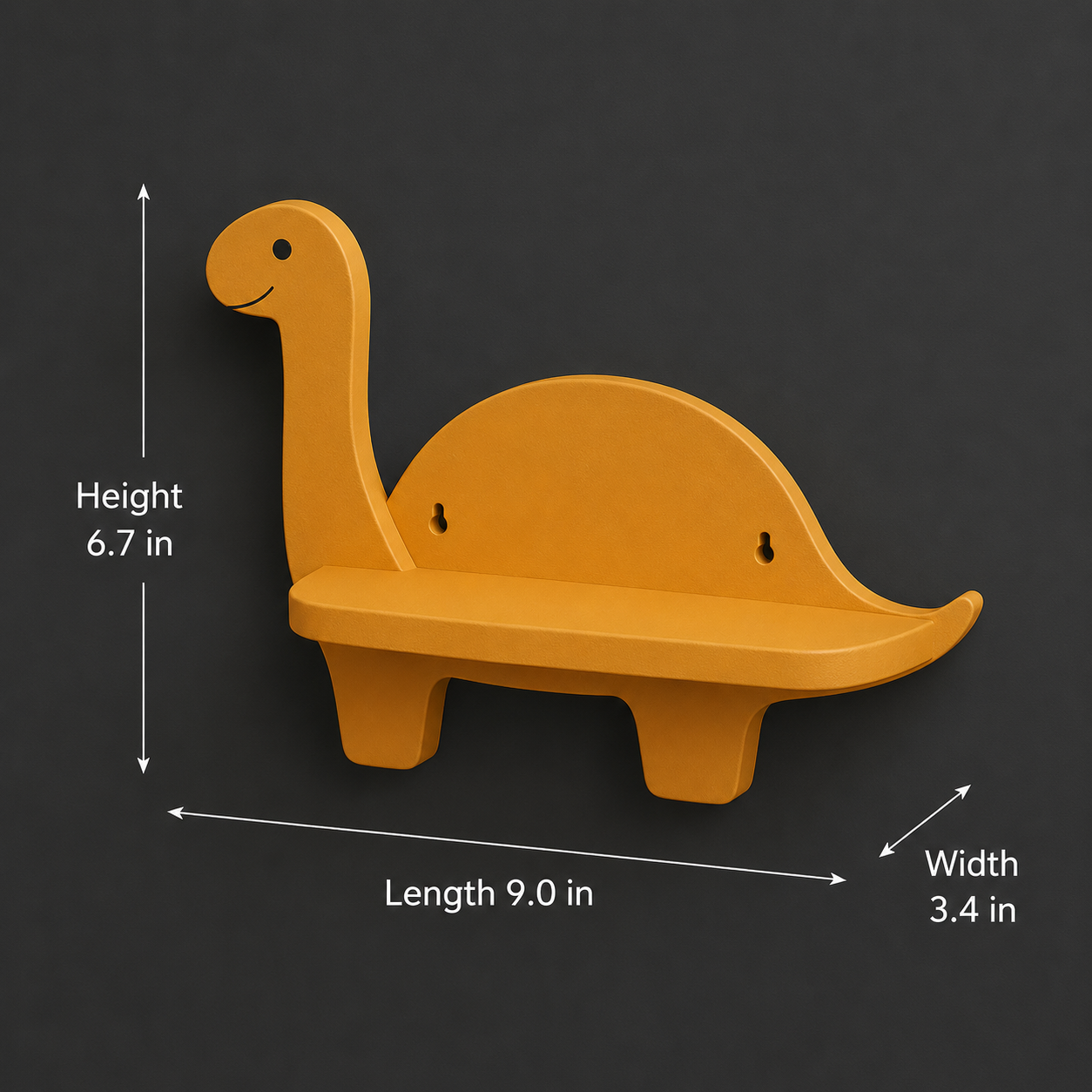 A mustard yellow dinosaur-shaped wall shelf shown on a dark gray background with dimension arrows and text indicating height 6.7 in, length 9.
