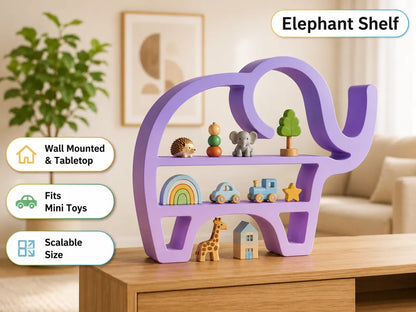 A purple elephant-shaped wooden shelf displayed on a wooden table in a living room setting, with toy vehicles and animals placed on its shelves. Text callouts on the left say 'Wall Mounted & Tabletop', 'Fits Mini Toys', and 'Scalable Size', and a label at the top right says 'Elephant Shelf'.