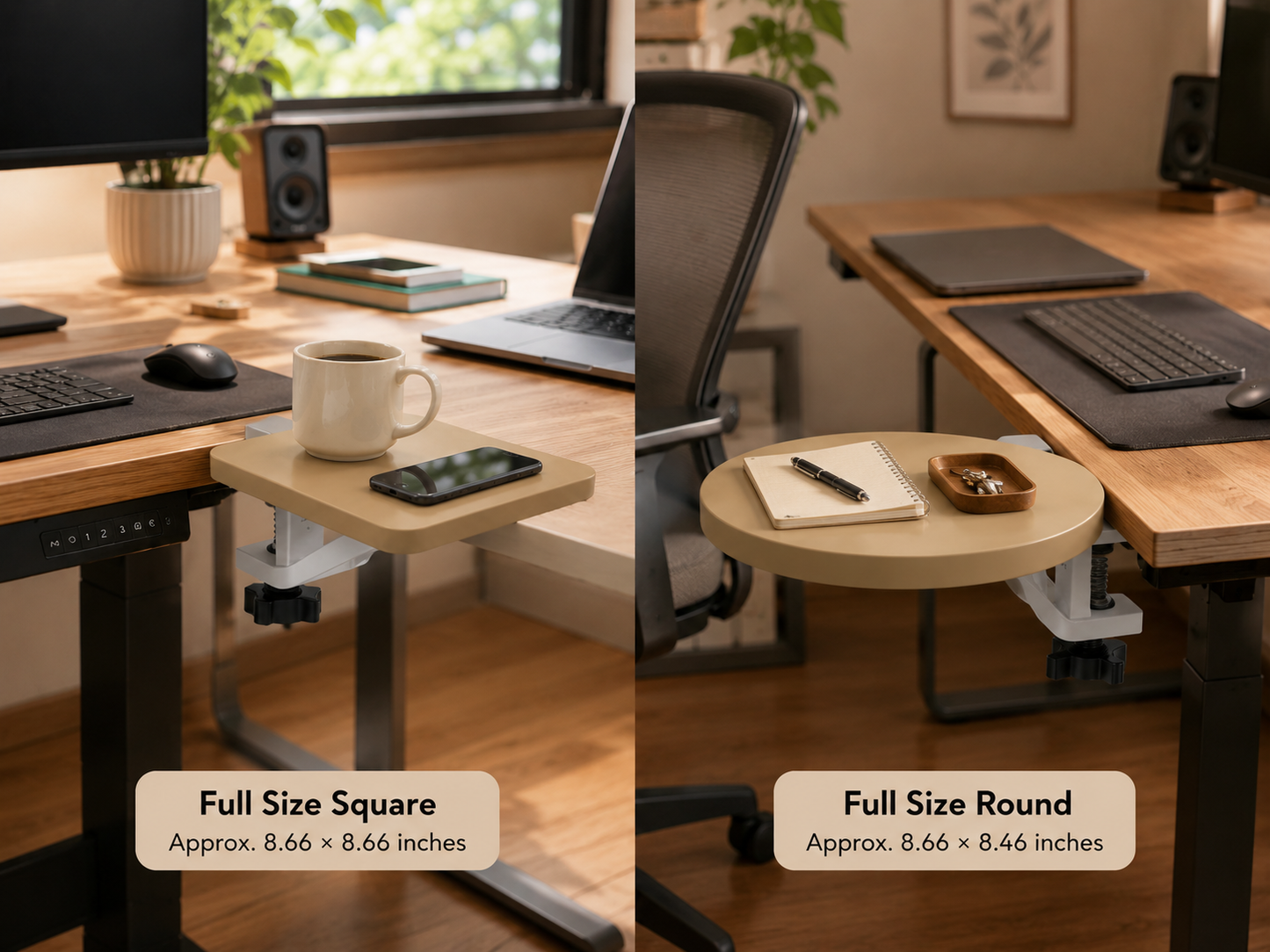 Round office desk extender with clamp-on support for extra side space on workstations