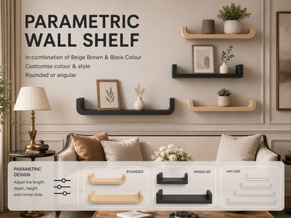 Living room with parametric wall shelves in beige and black, customizable design.