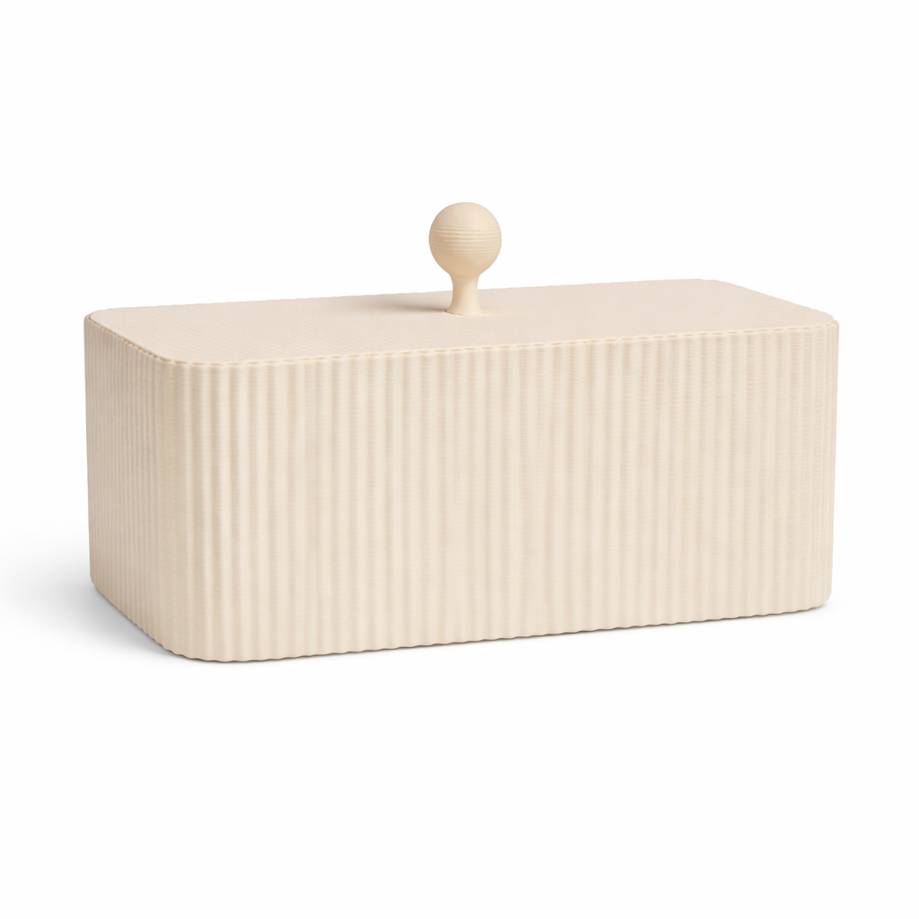 Rectangular cream-colored bread box with a wooden handle on a white background