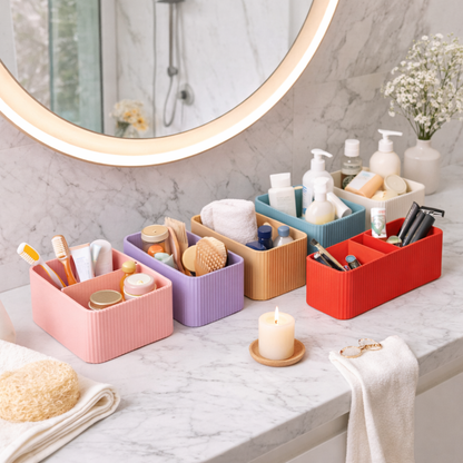 Colorful storage bins on a bathroom counter with various items.