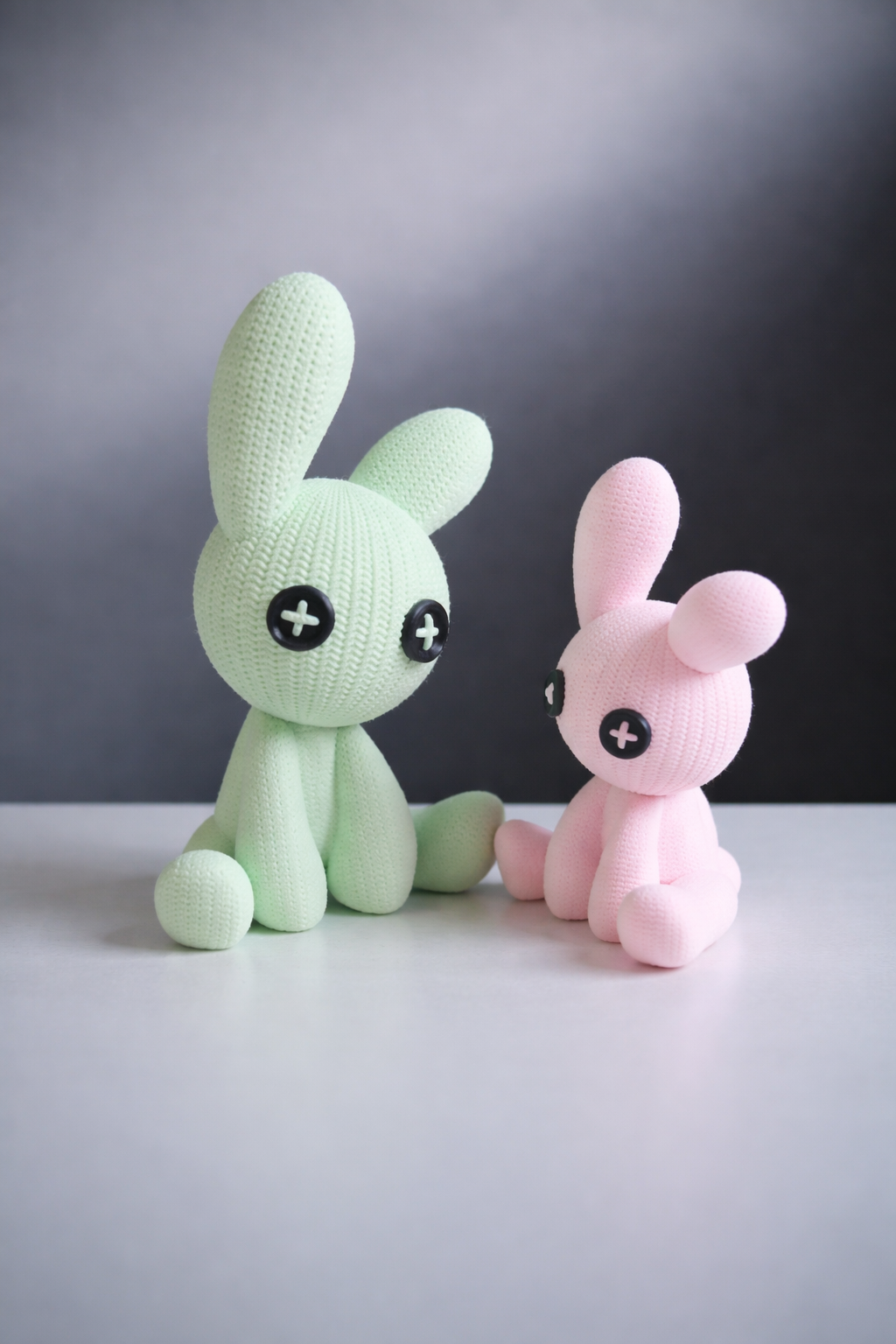 Two knitted bunny toys, one green and one pink, on a white surface with a dark background.