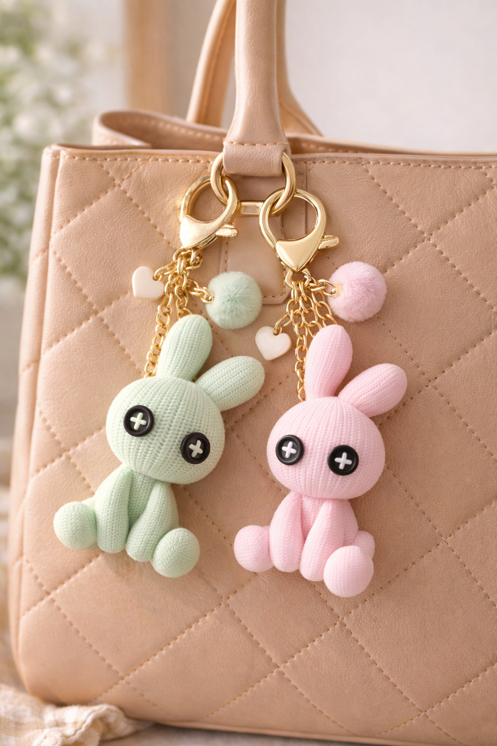 Two cute bunny keychains on a beige quilted handbag.