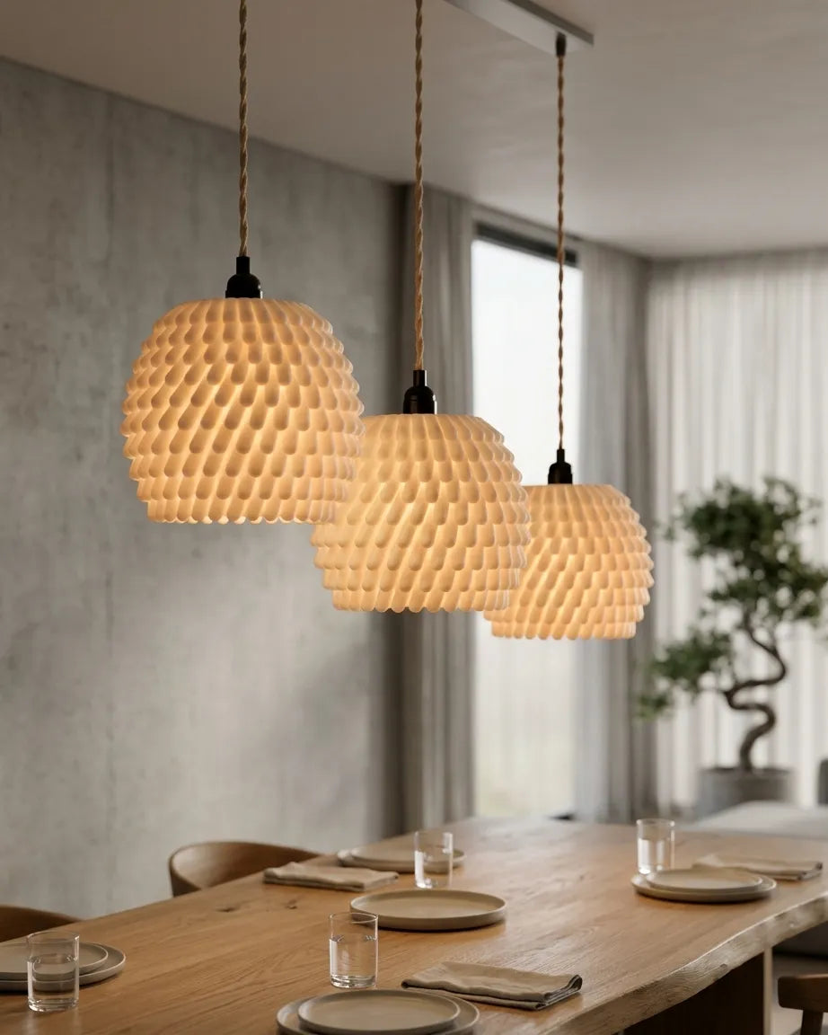 Three woven pendant lights hanging above a dining table in a modern room.
