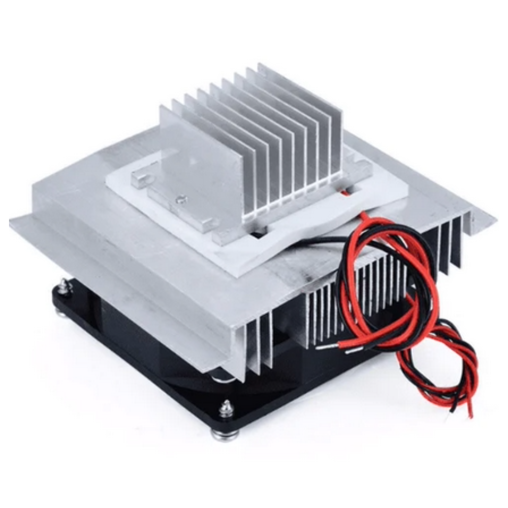 Electronic cooling system with heat sink and red and black wires on a white background