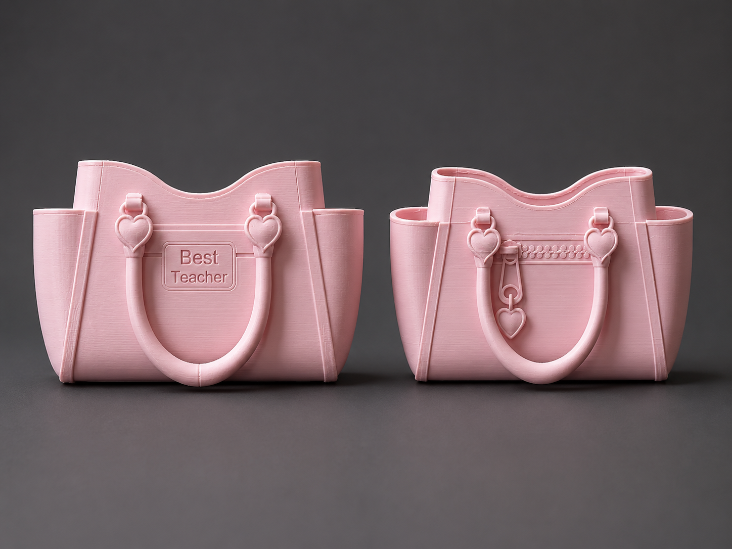 Two pink tote-style containers with integrated handles and side pockets, shown side by side on a dark gray background. The left one is embossed with the words 'Best Teacher'.